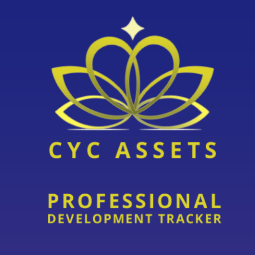 A square with a blue background and a gold lotus flower front and center with the words CYC Assets, Professional Development Tracker